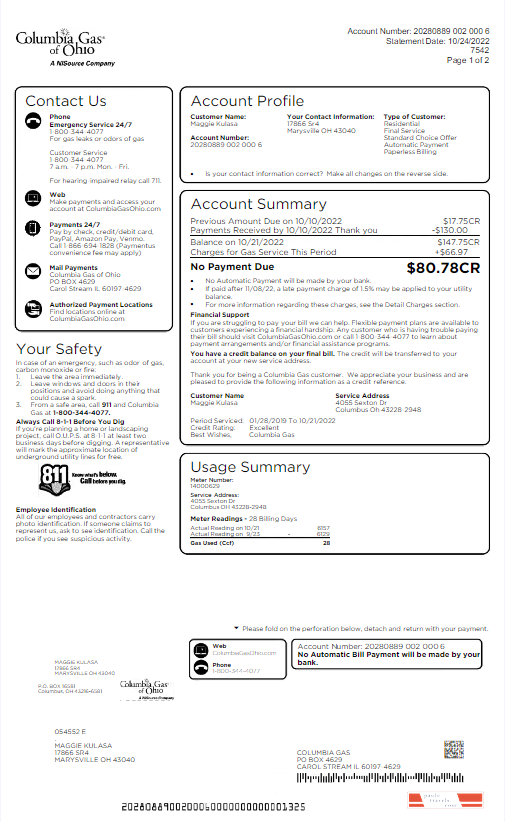 USA COLUMBIA GAS OF OHIO utility bill Word and PDF template